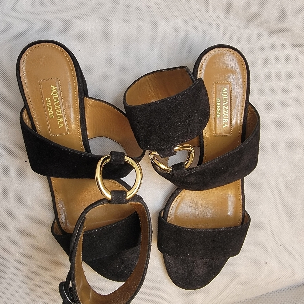 AQUAZZURA CAMEL SUEDE SAFARI LEATHER GOLD RING MID HEEL ANKLE STRAP  SANDALS - Picture 11 of 16